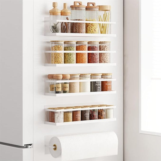 Spice Rack Refrigerator Magnetic Shelves With Magnetic Paper Towel Holder 4 Pack White