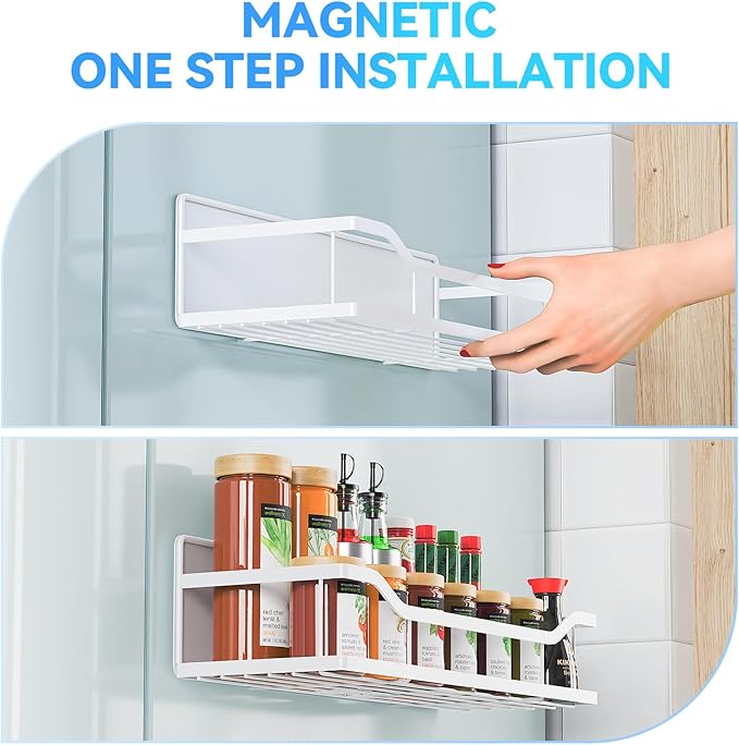 Magnetic Spice Rack for Refrigerator, 5 Pack Metal Strong Magnetic Shelf for Oven，Moveable Spice Organizer with Paper Towel Holder and Metal Hooks, Fridge Organizers and Kitchen Storage (White)