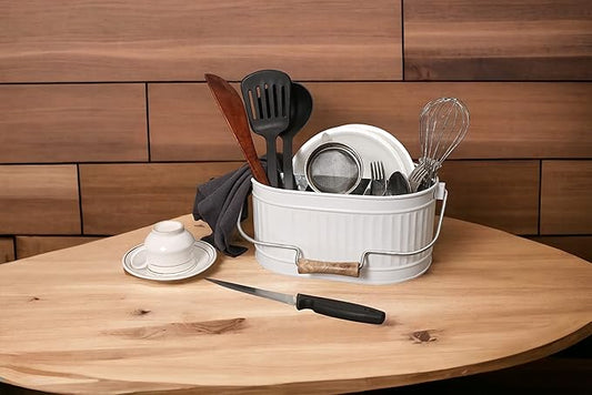 CLEENTABLE 4-Compartment Rustic Farmhouse Utensil Caddy with Removable Handle – Powder-Coated Steel Kitchen Organizer for Parties, Tailgates & Home (12" x 7.5" x 5.5", Snowy White/Grey)