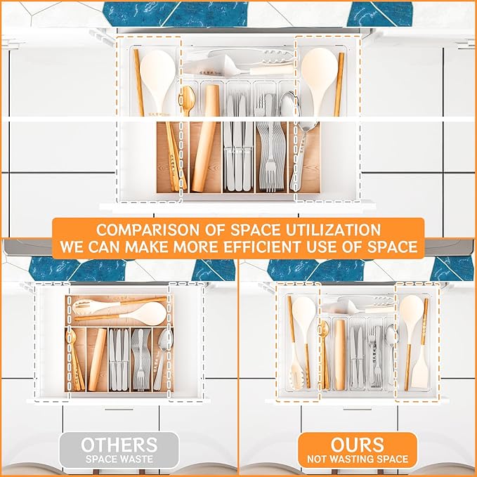 Acina Silverware Organizer for Kitchen Drawers: Expandable Cooking Utensil Tray - Adjustable Cutlery Flatware Holder - Spatula Tools Gadgets Storage Divider Clear (Expandable Tray with 8-Drawers)