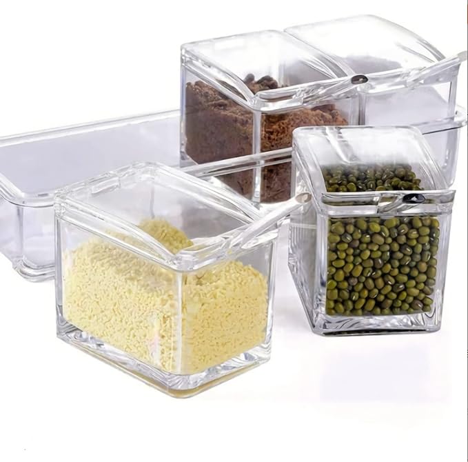 KNC Transparent Seasoning Rack Spice Pots, Storage Container Condiment Jars, 4 Piece Acrylic Seasoning Box with Cover and Spoon, Spice Rack Organizer for Kitchen, Counter, Food Storage