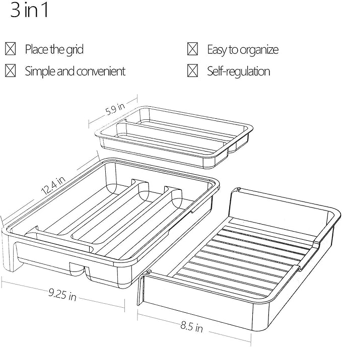 HornTide 3-in-1 Cutlery Tray Expandable Utensils Holder Plastic Kitchen Drawer Organizer for Silverware Storage and More - Gray
