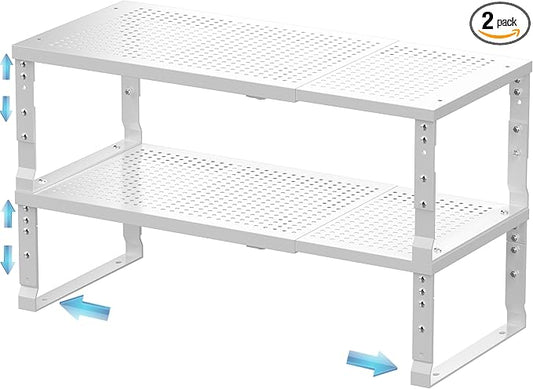 Expandable Spice Rack & Kitchen Cabinet Organizer - Stackable, Adjustable Shelves for Cabinets, Countertops, Cupboards & Pantries(2 Packs/Large/White)
