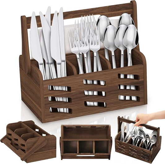 Silverware Caddy with Handle, Wooden Flatware Utensil Holder for Party, 4 Compartment Cutlery Organizer Napkin Storage for Countertop, Kitchen Bathroom Bedroom Decor, Camping Picnic