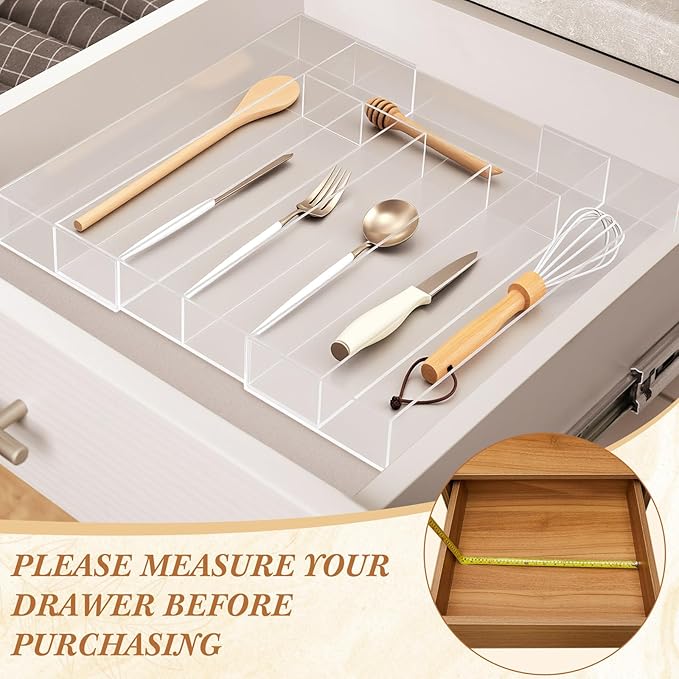 Expandable Kitchen Drawer Organizer Clear Acrylic Utensil Organizer Adjustable Acrylic Silverware Storage for Kitchen Drawers Silverware Flatware Knives (5-7 Compartments)