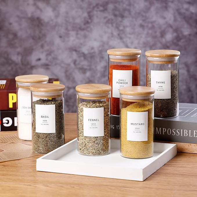 12 Pcs Glass Spice Jars With Bamboo Airtight Lids 8oz Thicken(2.4mm) Spice Containers With 148 Minimalist Preprinted Waterproof Spice Labels Kitchen Empty Small Storage Jars For Seasoning, Herb