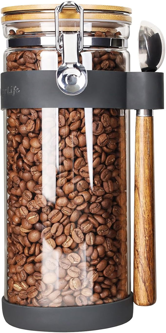 KKC HOME ACCENTS Airtight Clear Glass Coffee Bean Storage Container with Scoop,Air Tight Sealed Glass Canister with Bamboo Clamp Lid for Cereal,Loose Tea,Nut,Sugar,50 Fluid Ounce