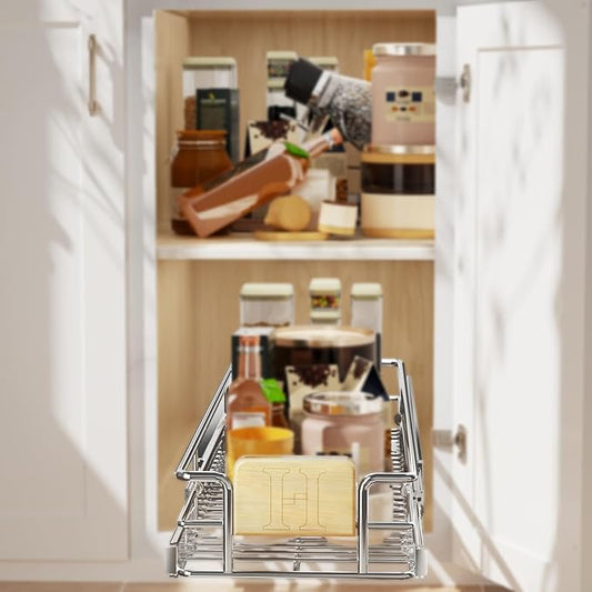 LOVMOR Pull Out Cabinet Organizer with Wooden Handle, 10½" W x 21½"Heavy Duty Cabinet Drawers Shelves Slide Out Organizer for Kitchen, Pantry