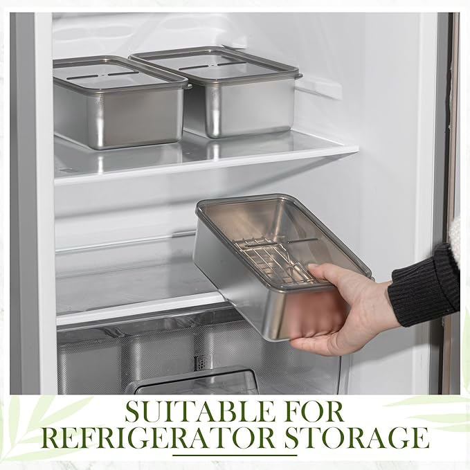 Hushee 3 Set 304 Stainless Steel Containers for Fridge, with Removable Drain Tray, Fruit Bacon Storage Airtight Deli Meat Container with Lids for Fresh Dry Food Storage(7.68 x 5.12 x 2.76 Inch)