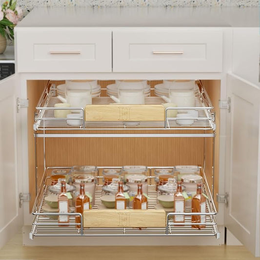 LOVMOR 2 Tier Pull Out Cabinet Organizer 31½" W x 21½" D, Slide Out Drawers with Wooden Handle, Sliding Shelves Organization and Storage for Kitchen, Pantry