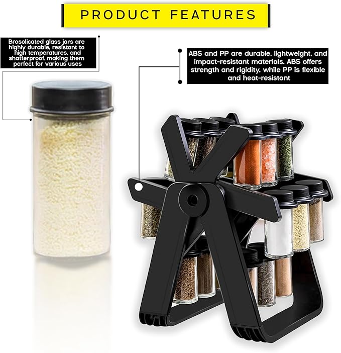 Rotating Spice Rack with 18 Glass Jars, Labels, and Funnel - 360 Degree Rotating Ferris Wheel Revolving Spice Rack Organiser for Seasoning & Herbs -Gift Set As Spice Organiser