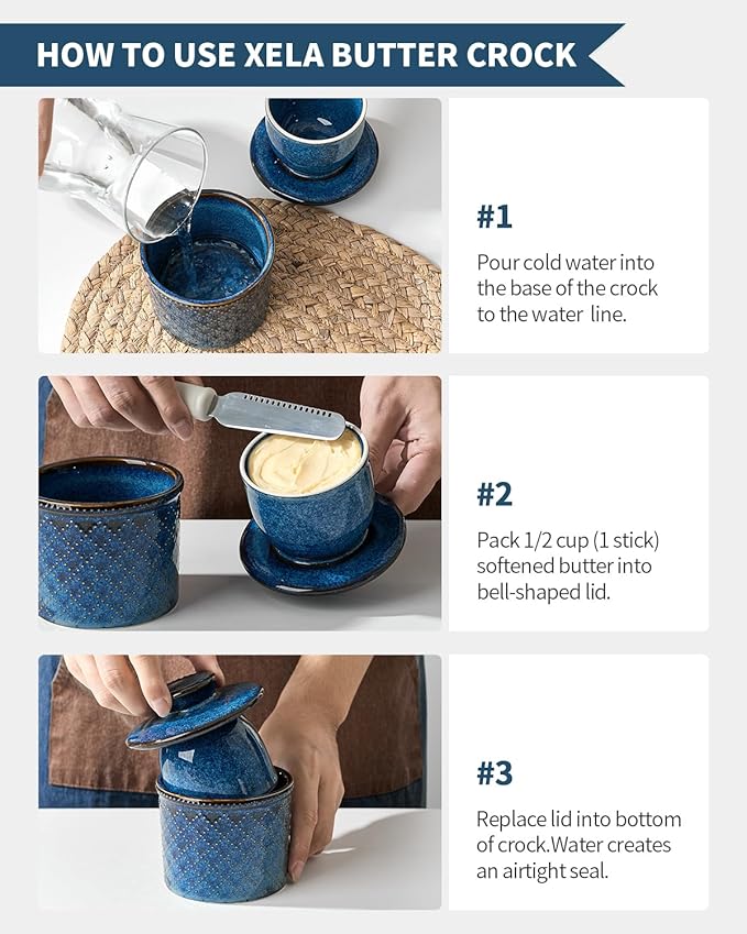 XELA - Ceramic Butter Crock - Butter Dish with Lid for Countertop - Keep Your Butter Perfectly Spreadable 24/7 - Embossed - Kiln Turns Blue