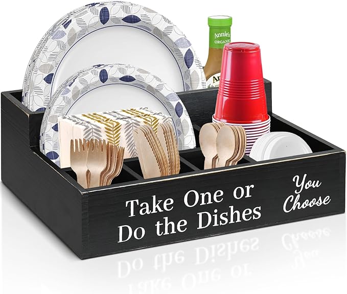 Paper Plate Holder for Kitchen Counter, Paper Plates Organizer with Large Cup Holder,Wooden Plates Dispenser Caddy,Disposable Plate Cup Napkin Dispenser Box (Black)