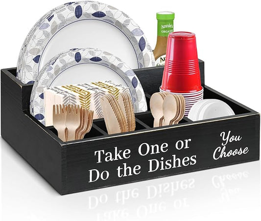 Paper Plate Holder for Kitchen Counter, Paper Plates Organizer with Large Cup Holder,Wooden Plates Dispenser Caddy,Disposable Plate Cup Napkin Dispenser Box (Black)