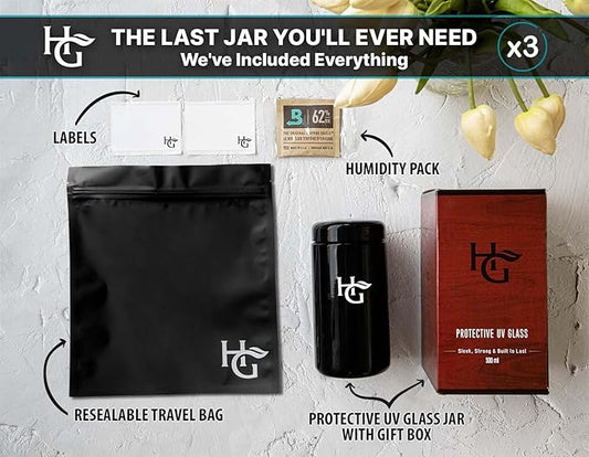Herb Guard - 1 Oz Airtight Jar & Container [3 Pack] (500 ml) Airtight Ultraviolet Protection Keeps Goods Fresh for Months