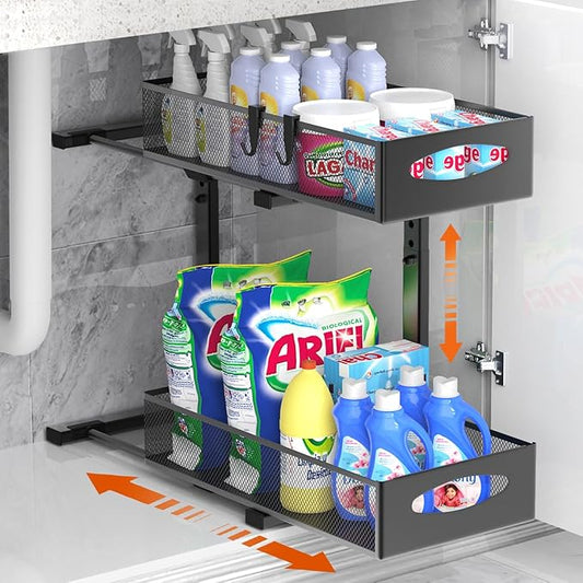 1 Pack Under Sink Organizer, 2 Tier Metal Pull Out Under Sink Storage with Sliding Mesh Drawers, Height Adjustable Slide Out Under Sink Organizer for Kitchen Bathroom Cabinet, Black