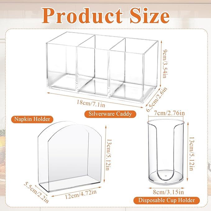 3 Set Acrylic Cutlery Storage Organizer, Clear Plastic Tableware Storage for Knives Forks Spoons, Acrylic Tissue Paper Holder Disposable Cup Holder Dispenser for Kitchen Restaurant Party