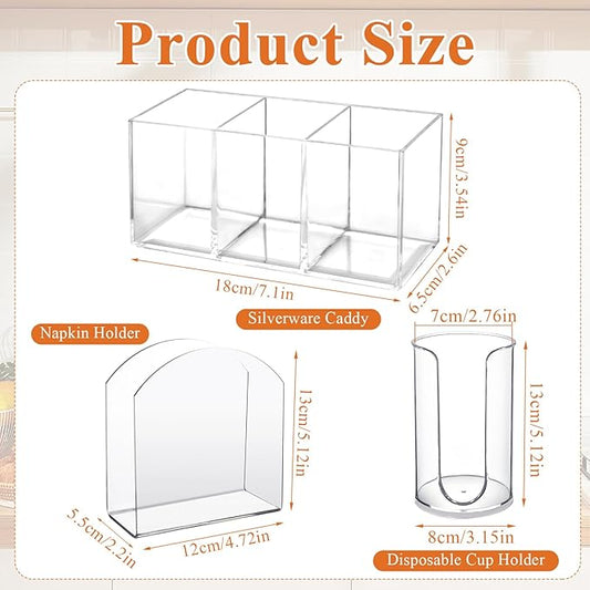 3 Set Acrylic Cutlery Storage Organizer, Clear Plastic Tableware Storage for Knives Forks Spoons, Acrylic Tissue Paper Holder Disposable Cup Holder Dispenser for Kitchen Restaurant Party