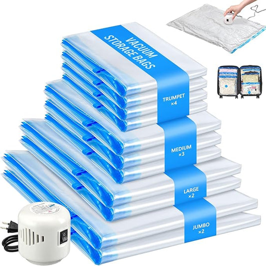 11 Pack Travel Vacuum Storage Bags with Electric Pump, 2 Jumbo+2 Large+3 Medium+4 Small Vacuum Sealer Bags, 80% Space Saver Bags for Luggage, Comforters,Blankets, Travel Essentials