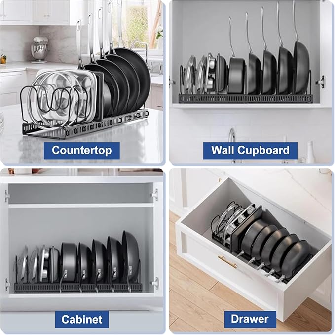 JOYART Pot and Pan Organizer, Expandable Pot Lid Organizer with 10 Adjustable Dividers, Cutting Board Organizer for Kitchen Cabinet Organizers and Storage, Black