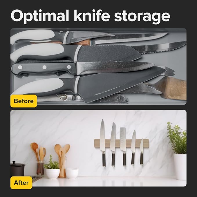 Wooden Knife Magnetic Strip 16" Acacia Wood Whitewashed Oak – Magnetic Knife Holder for Wall no Screws – Kitchen Utensil Holder, Knife Bar, Knife Rack, Kitchen Organizer and Tool Holder