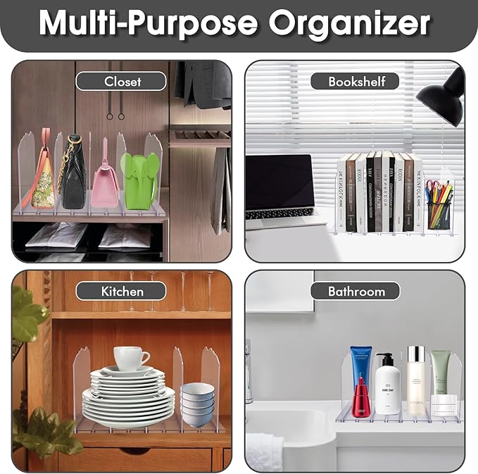 SSAWcasa Closet Purse Organizer, Purse Storage Organizer, Acrylic Purses Shelf Divider Holder, Clear Clutch Women Bag Organizers, Adjustable Handbag Separator Rack for Bathroom Office Bookshelf