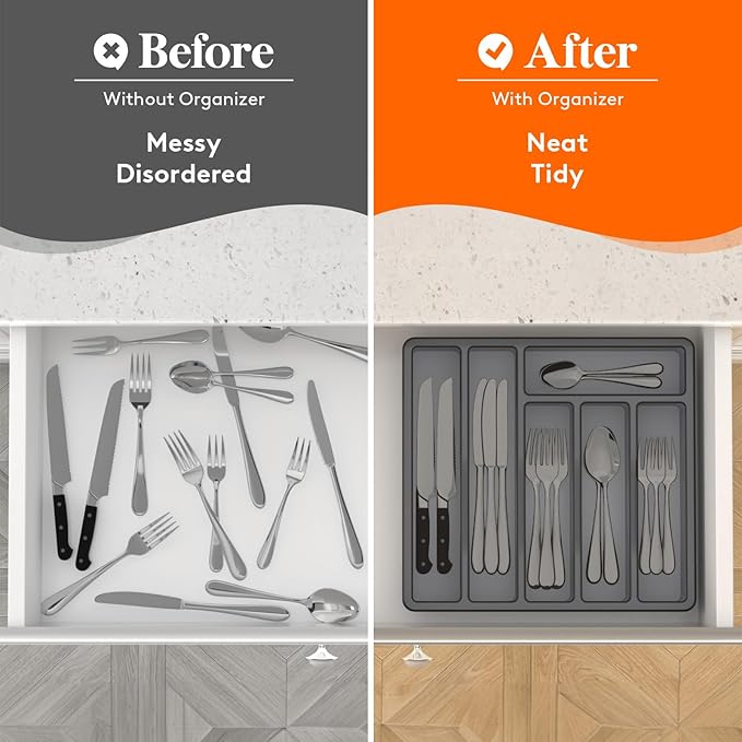 Lifewit Silverware Organizer with Lid, Covered Utensil Tray for Kitchen Drawer and Countertop, Plastic Cutlery and Flatware Storage Box for Spoons Forks Knives Holder Case, 6 Compartments, Gray