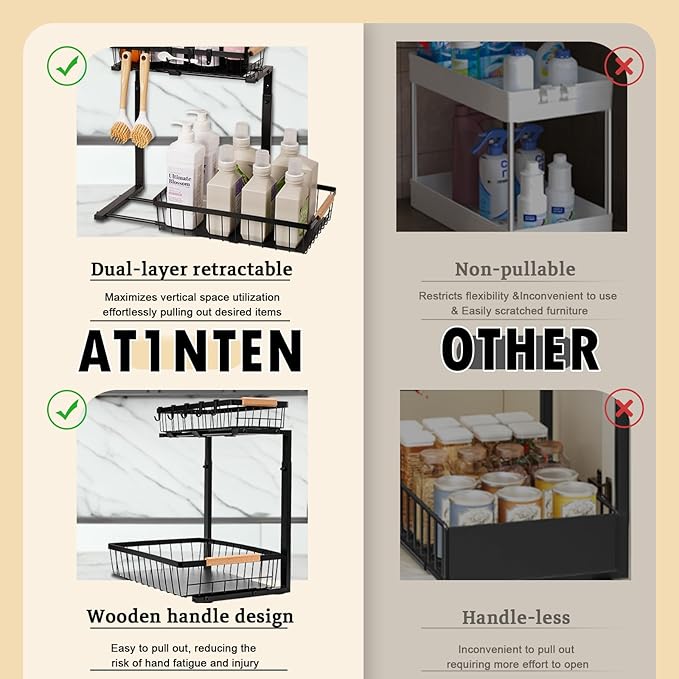 2 Pack Under Sink Organizer, Sliding Cabinet Basket Organizer 2 Tier Under Bathroom Storage Rack with Hooks, Hanging Cup, Dividers, Multi-purpose Storage Shelf for Bathroom Kitchen, Black