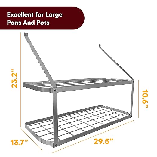 Vdomus Hanging Pot and Pan Rack, 13.7" Dx29.5 Wx10.6 H - 2-Tier Wall Mounted Kitchen Shelves - Heavy-Duty Cast Iron Cookware and Utensils Storage - Tiered Multipurpose Organizer with Moveable Hooks