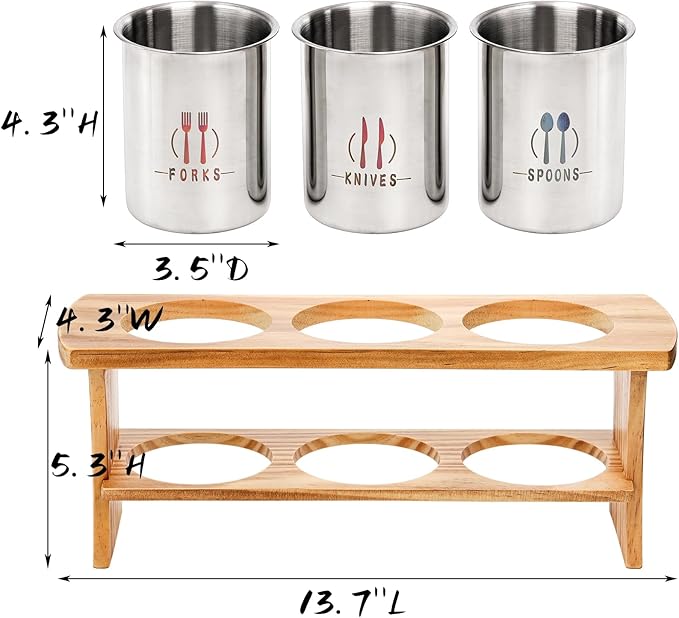 Lyellfe Silverware Holder for Countertop, Stainless Steel Cutlery Utensil Organizer with Bamboo Stand, Rustic Flatware Holder for Spoon, Fork, and Knife
