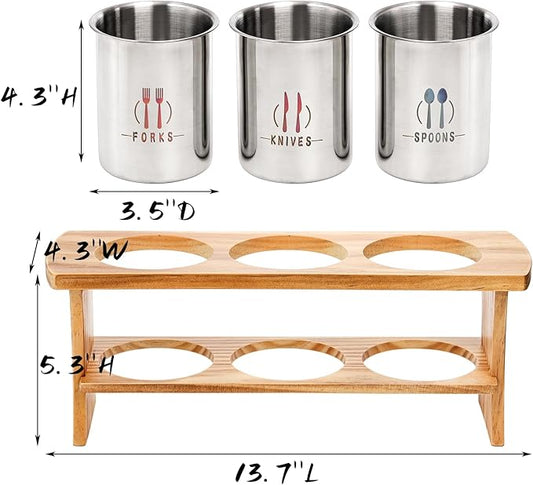 Lyellfe Silverware Holder for Countertop, Stainless Steel Cutlery Utensil Organizer with Bamboo Stand, Rustic Flatware Holder for Spoon, Fork, and Knife