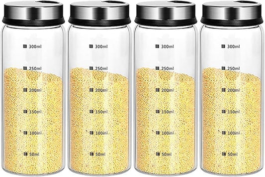 10 oz Salt and Pepper Shakers Set with Adjustable Outlet Holes Clear Glass Bottle Spice Seasoning Cans Jar for Kitchen Decor and Home Restaurant BBQ Camping Farmhouse Kitchen Accessories(4 Pcs, 300ML)