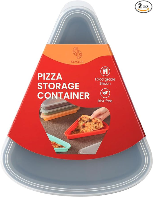 2-Pack Reusable Silicone Leftover Pizza Slice Storage Container with Air-tight Lids-BPA Free,Fits Single Slice up to 16”,Save Space,Refrigerator organizer(2 Space Grey)