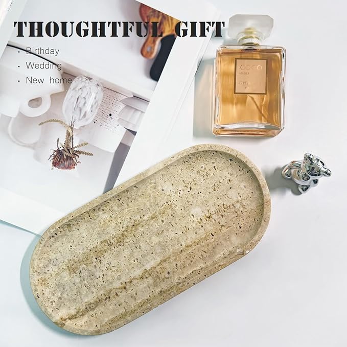JINGJU Travertine Marble Oval Tray 10"x5", Natural Stone Decorative Tray for Jewelry, Candle, Bathroom Counter, Coffee Table, Perfume Display
