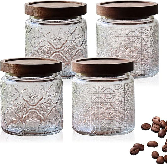 Glass Jar with Lid,4 PCS Airtight Glass Food Storage Container Set,Square Clear Glass Jars Wide Mouth Food Storage Canister with Wooden Lid for Sugar Coffee Beans Tea Spice Oats Snacks (450ML)