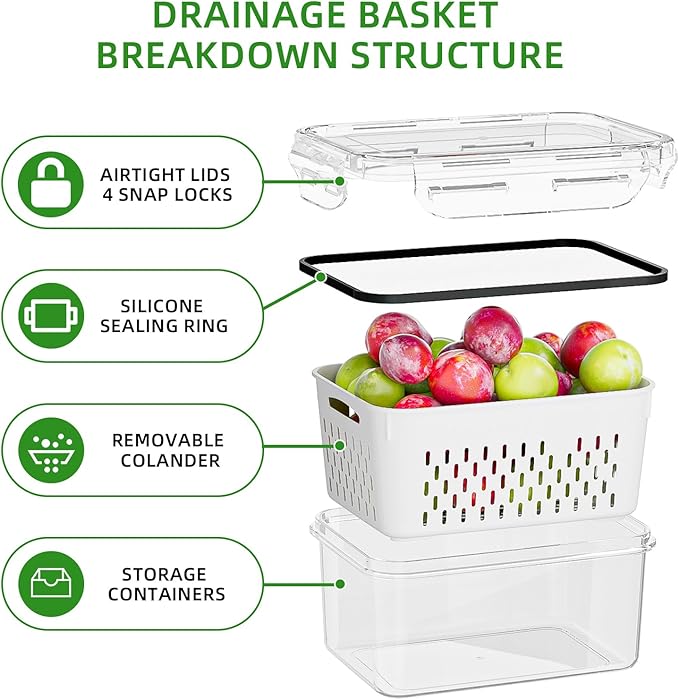 5 Pack Fruit Storage Containers for Fridge with Removable Colanders - Food Storage Containers with Lids, BPA-Free Produce Containers Keep Fruits, Vegetables, Berry, Meat Fresh Longer