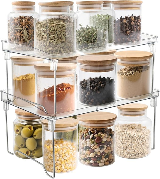 Rainmae 2 Pcs Spice Rack Organizer, Cabinet Organizer Shelf，Stackable Kitchen Counter Shelves, Countertop Organizers, Clear Plastic Storage Shelves Rack for Makeup Bathroom Desk Pantry Organization