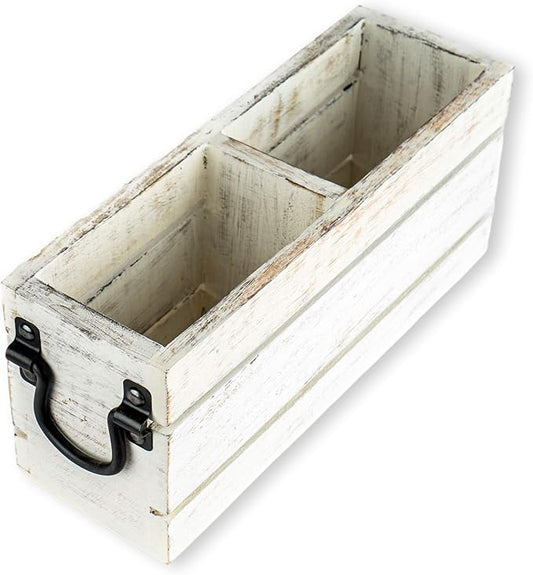 GoCraft 2-Compartment Wooden Caddy with Metal Handles – Rustic Whitewashed Organizer for Flatware, Kitchen Utensils, Office Supplies, Remotes, Makeup, Nightstand Storage, Desk & Home Organization