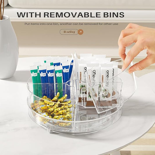 Lazy Susan Organizer, 9 inch Rotating Storage Organizer with 4 Removable-Bins,Turntable Organizer for Fridge, Kitchen, Vanity, Cabinet