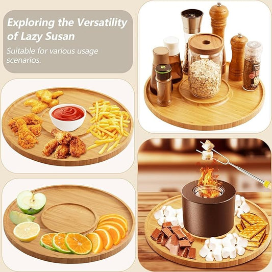 13" Bamboo Wood Lazy Susan Organizer Turntable for Kitchen Spice Rack Rotating for Cabinet, Countertop, Dining Table Top or Pantry, Smores Maker Station for Tabletop Fire Pit