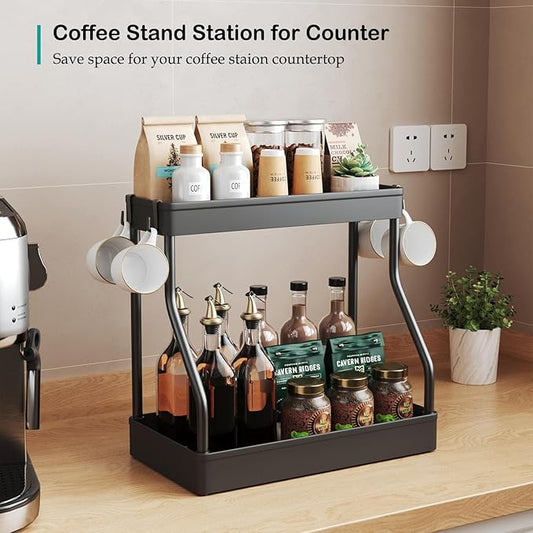 Coffee Bar Station Organizer for Countertop,Coffee Mug Cup Holder for Counter,Kitchen Countertop Organizer Shelves with 4 Hooks,Black (Large)