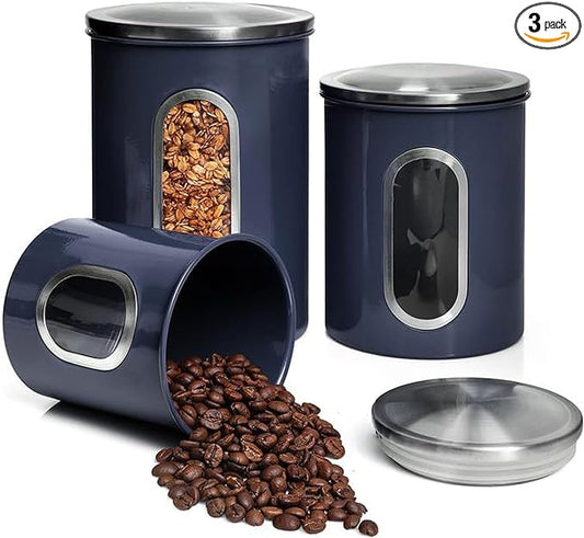 Mixpresso 3-Piece Blue Canisters Set - Airtight Coffee & Tea Organizer, Sugar Canister, Kitchen Jars with See-Through Window
