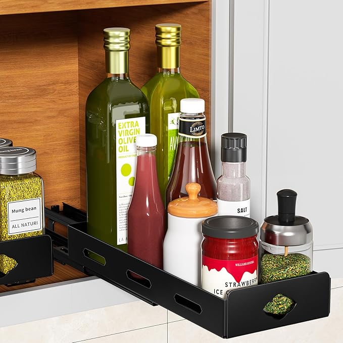 RCHYFEED Pull Out Spice Rack Organizer for Cabinet, Heavy Duty Slide Out Spice Rack for Inside Cabinets, Kitchen Cabinet Seasoning Organizer Small Vertical Spice Racks,4.2" Wx10.5 Dx2.8 H,Black