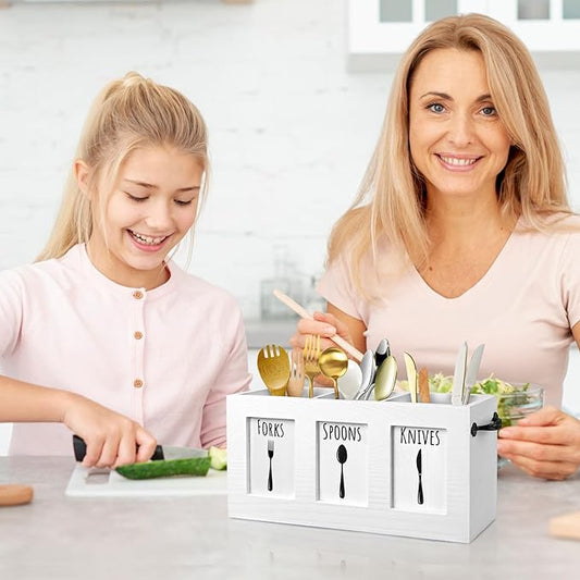 Wood Flatware Organizer, Rustic Utensil & Silverware Holder for Forks, Spoons, Knives, Farmhouse Kitchen Cutlery Caddy Bin Countertop - White