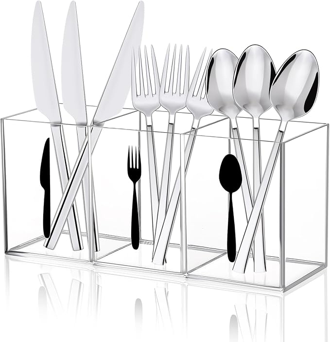 Acrylic Cutlery Storage Organizer Bin Clear Acrylic Silverware Caddy Utensil Holder 3 Compartment Cutlery Caddy Plastic Cutlery Silverware Holder for Countertop Kitchen Party Buffet Picnic