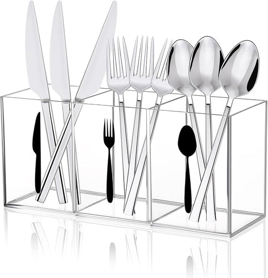 Acrylic Cutlery Storage Organizer Bin Clear Acrylic Silverware Caddy Utensil Holder 3 Compartment Cutlery Caddy Plastic Cutlery Silverware Holder for Countertop Kitchen Party Buffet Picnic
