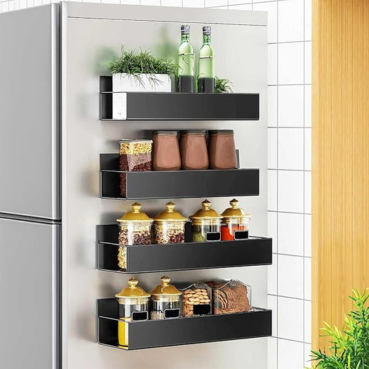 Magnetic Spice Storage Rack Organizer for Kitchen, Refrigerator and Oven, Matt Black Fridge Organizers and Storage (4 Pack)