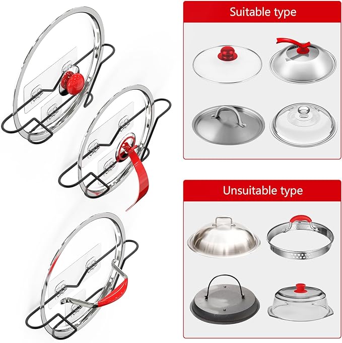 6 Pack Pot Lid Organizer, Rust Resistant Pan Lid Holder Organizer, No Drilling Adhesive Pot Lid Holder Inside Cabinet Door Wall Mount, Black Metal