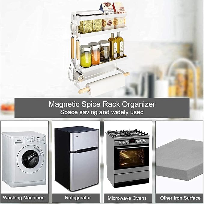 Magnetic Spice Rack for Refrigerator - Fridge Organizer with White Magnetic Shelf - Kitchen Storage