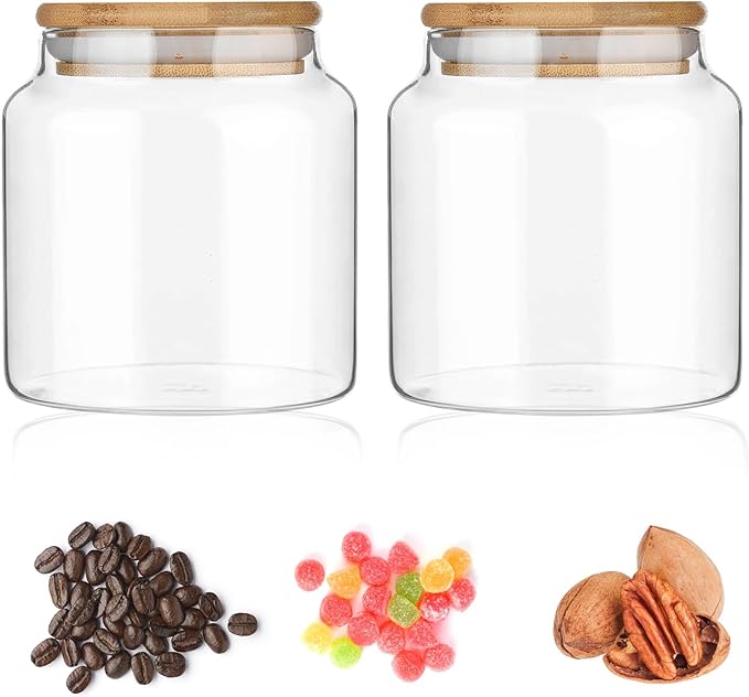 17.6 fl oz Glass Storage Containers With Lids, Candy Jar, Food Storage for Kitchen Counter, Pantry, Decorative Container for Coffee, Sugar, Tea, Cute Glass Jar (Bamboo 17.6 FL OZ)